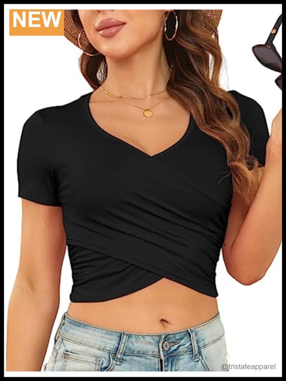 Women's Cross Wrap Crop Top V Neck Short Sleeve Slim Fit Stretch Tee